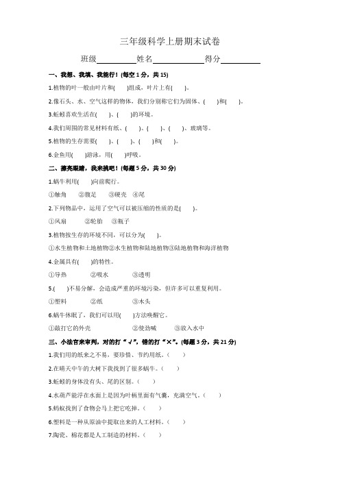 教科版三年级上册科学期末检测试卷