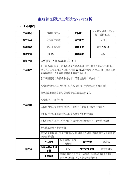 市政隧道工程造价指标分析