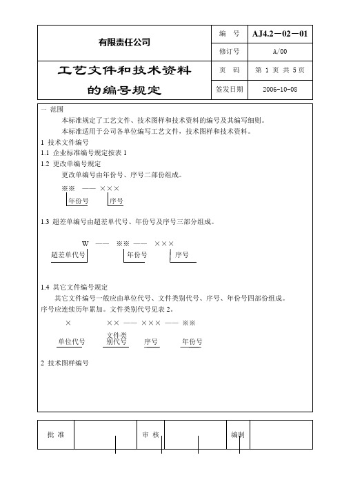 工艺文件和技术资料的编号规定