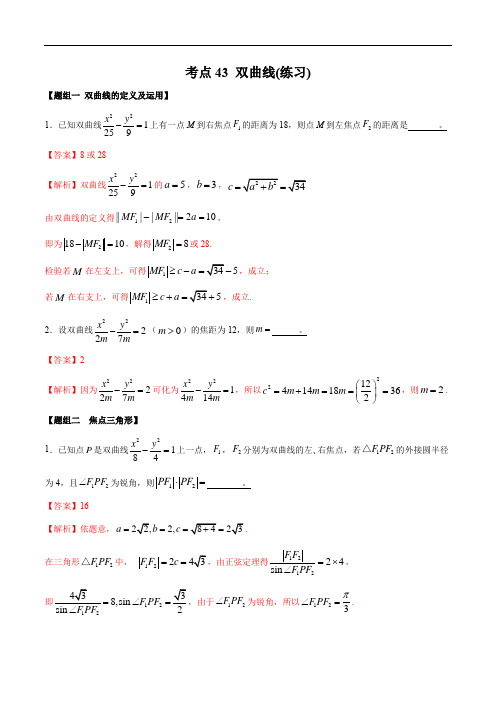 高考数学复习考点43 双曲线(练习)(解析版)