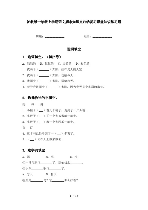 沪教版一年级上学期语文期末知识点归纳复习课堂知识练习题