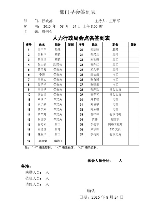 部门早会签到表