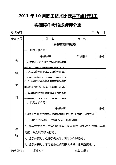 煤矿四大工种技术比武实操考核表