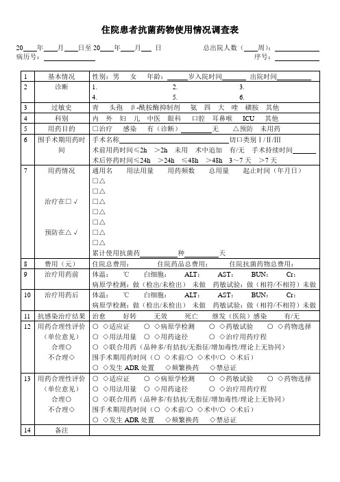 住院患者抗菌药物使用情况调查表