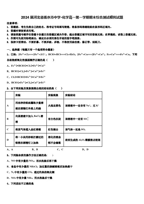 2024届河北省衡水市中学·化学高一第一学期期末综合测试模拟试题含解析