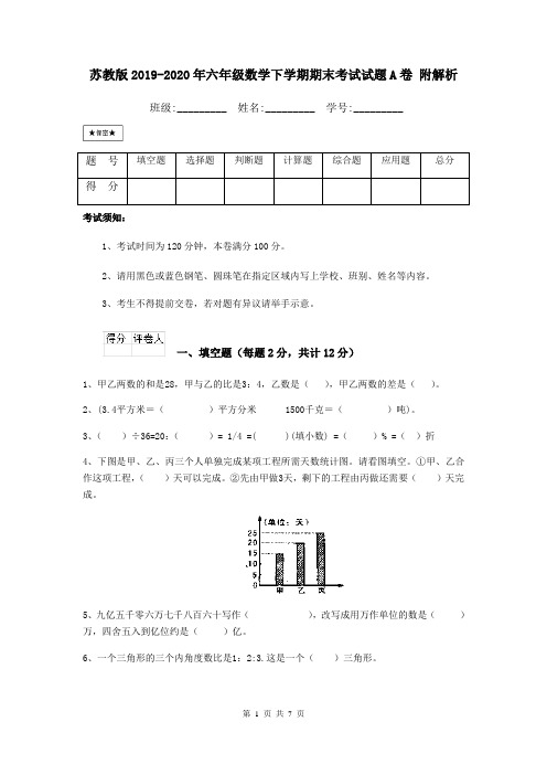 苏教版2019-2020年六年级数学下学期期末考试试题A卷 附解析