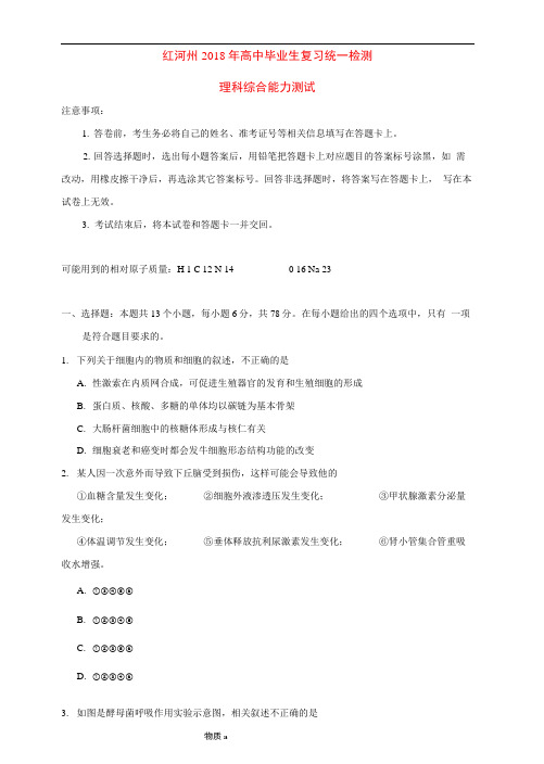 云南省红河州2018届高三理综复习统一检测试题