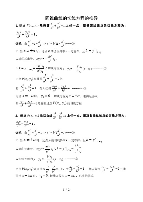 (完整版)圆锥曲线的切线方程的推导