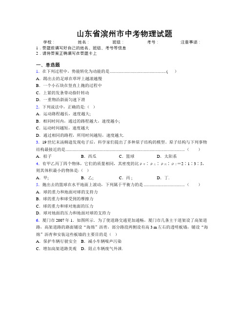 最新山东省滨州市中考物理试题及解析