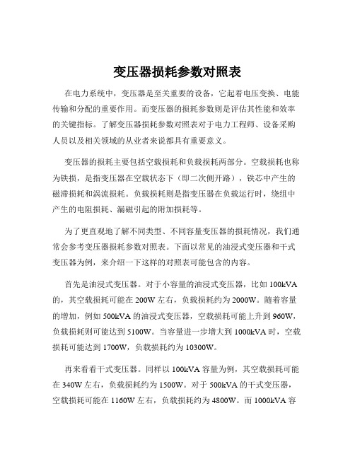 变压器损耗参数对照表