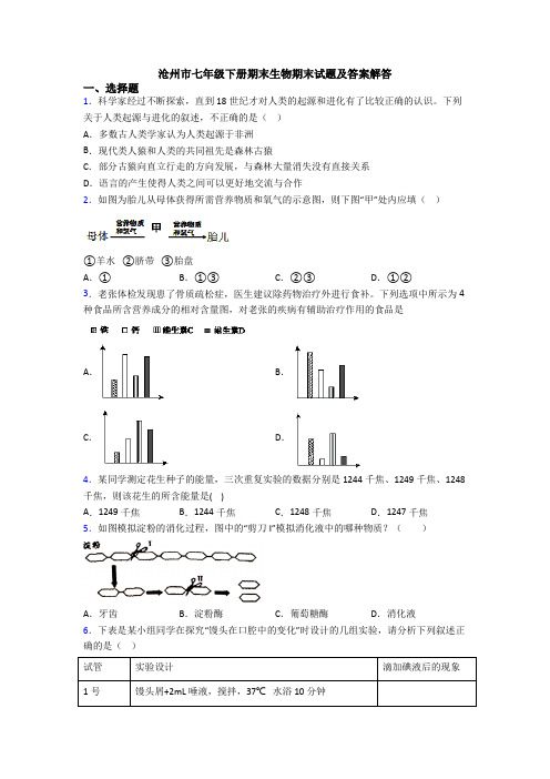 沧州市七年级下册期末生物期末试题及答案解答