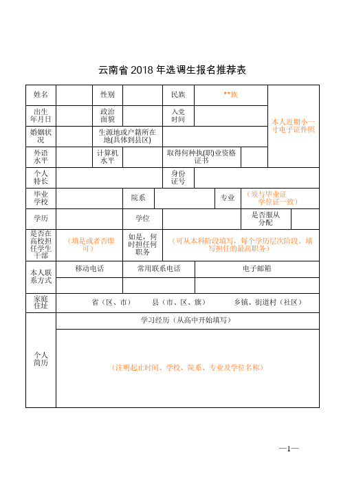 云南省2018年选调生报名推荐表