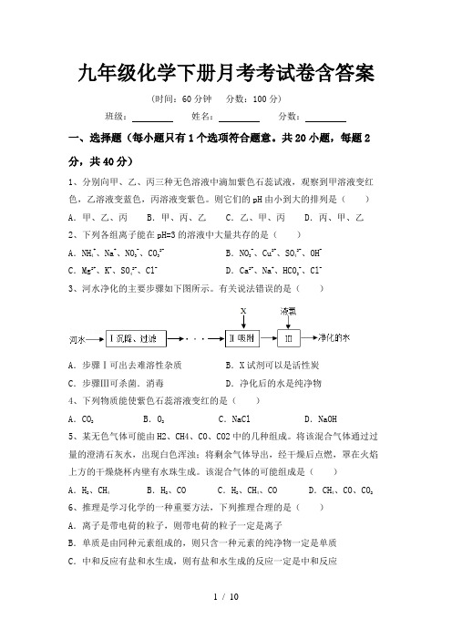 九年级化学下册月考考试卷含答案