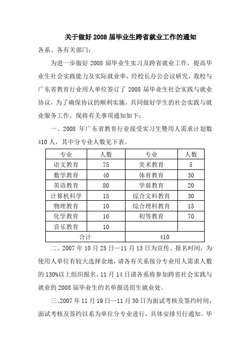 关于做好2008届毕业生跨省就业工作的通知