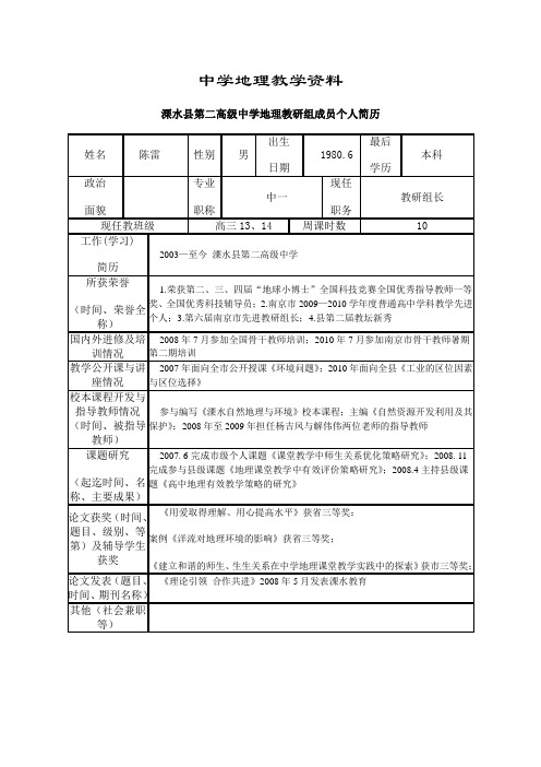 溧水县第二高级中学地理教研组成员个人简历