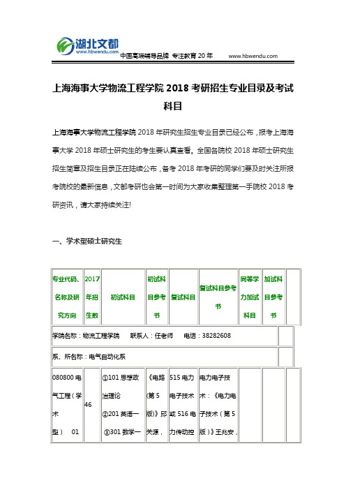 上海海事大学物流工程学院2018考研招生专业目录及考试科目