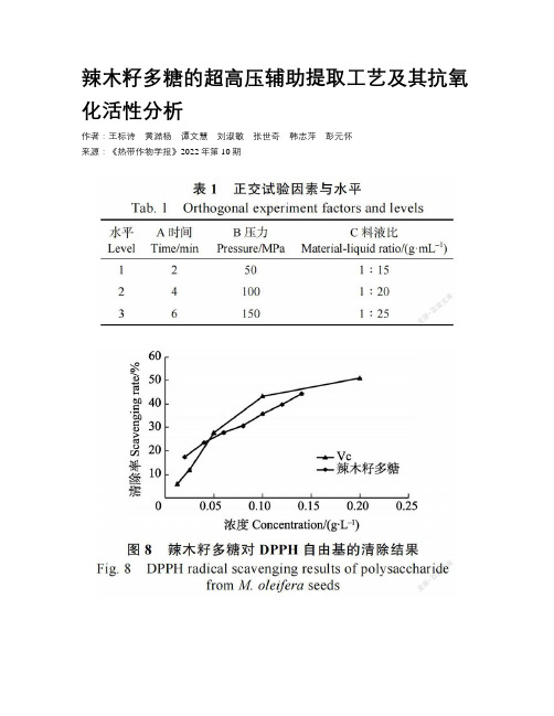 辣木籽多糖的超高压辅助提取工艺及其抗氧化活性分析