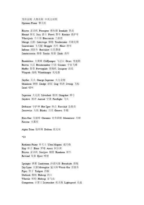 变形金刚 人物名称 中英文对照