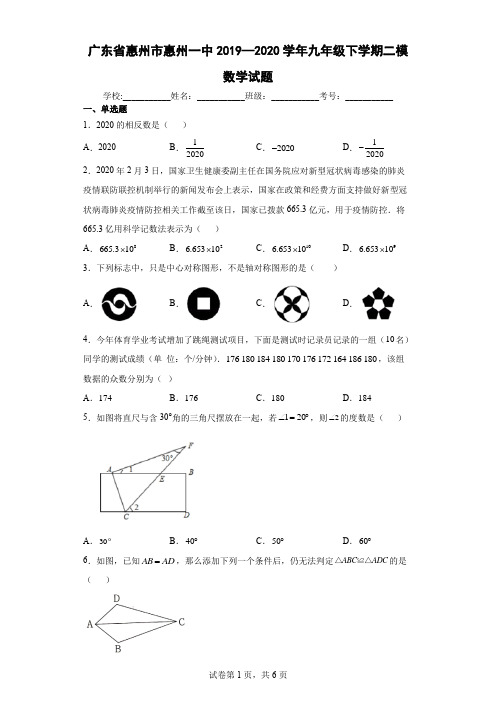 广东省惠州市惠州一中2019—2020学年九年级下学期二模数学试题