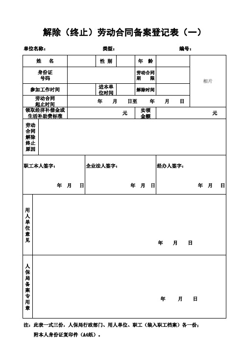 解除(终止)劳动合同备案登记表