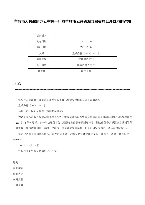 宣城市人民政府办公室关于印发宣城市公共资源交易信息公开目录的通知-宣政办秘〔2017〕262号