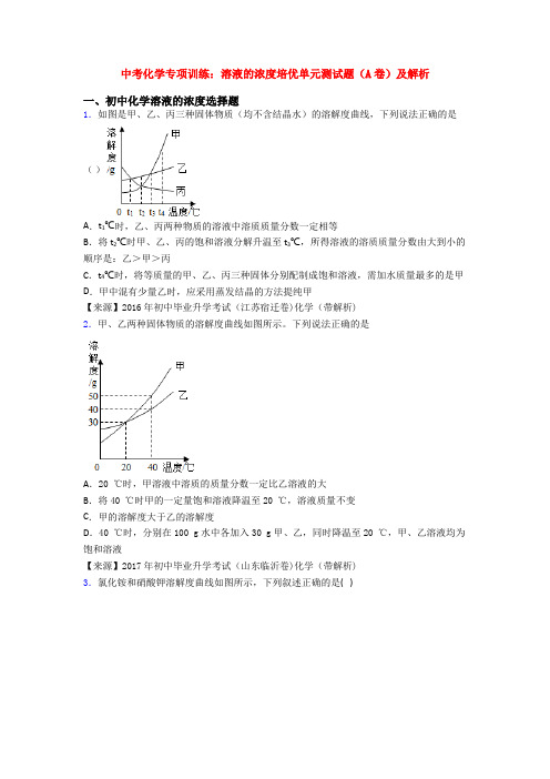 中考化学专项训练：溶液的浓度培优单元测试题(A卷)及解析