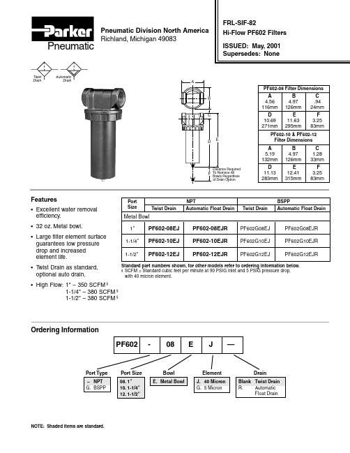 Pneumatic PF602 过滤器系列用户手册说明书