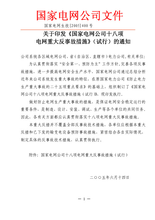 国家电网公司十八项电网重大事故措施