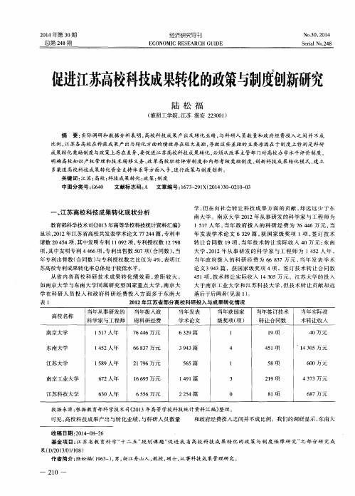 促进江苏高校科技成果转化的政策与制度创新研究