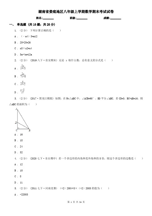 湖南省娄底地区八年级上学期数学期末考试试卷