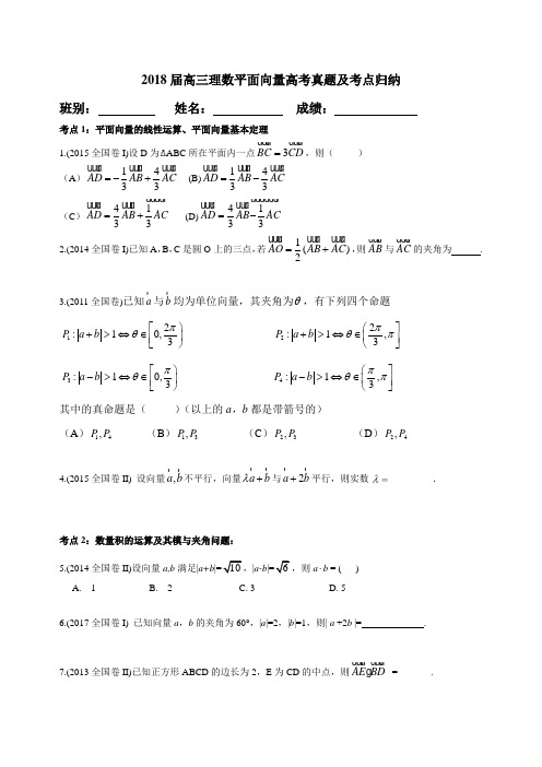 2018届高三理数平面向量高考真题及考点归纳