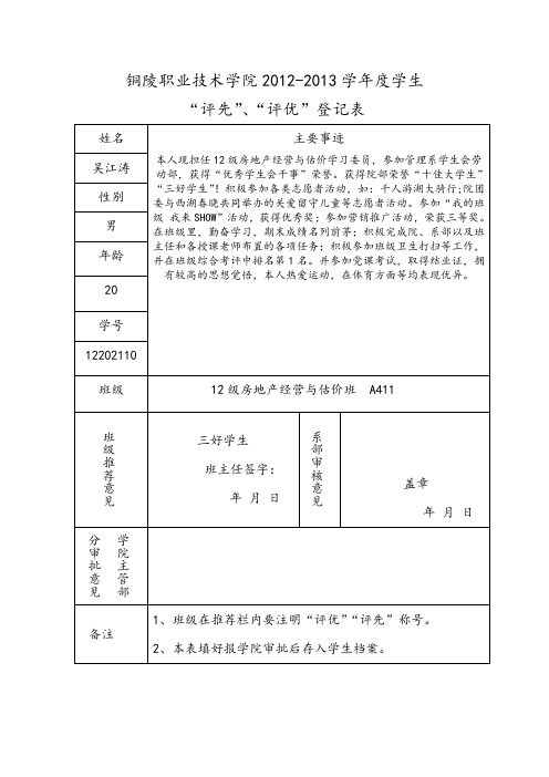 “评先”、“评优”登记表