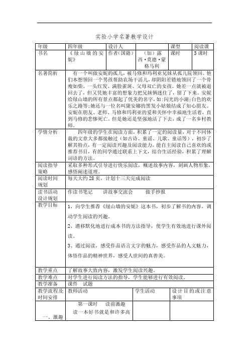 《绿山墙的安妮》教学设计和试题