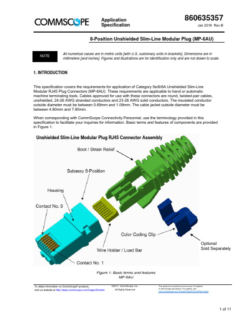 CommScope 8-位无屏蔽瘦线模块插头（MP-6AU）应用规范说明书