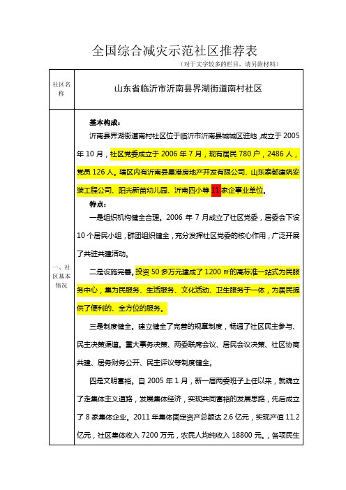 全国综合减灾示范社区推荐表(沂南南村)