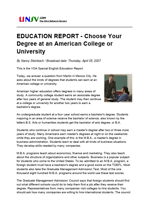 EDUCATION REPORT - Choose Your Degree at an American College or University