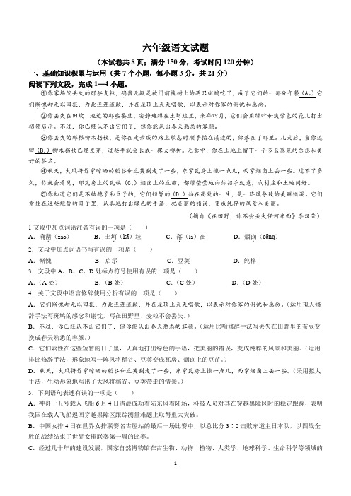 山东省淄博市某县2022-2023学年六年级(五四制)下学期期末语文试题(含答案)