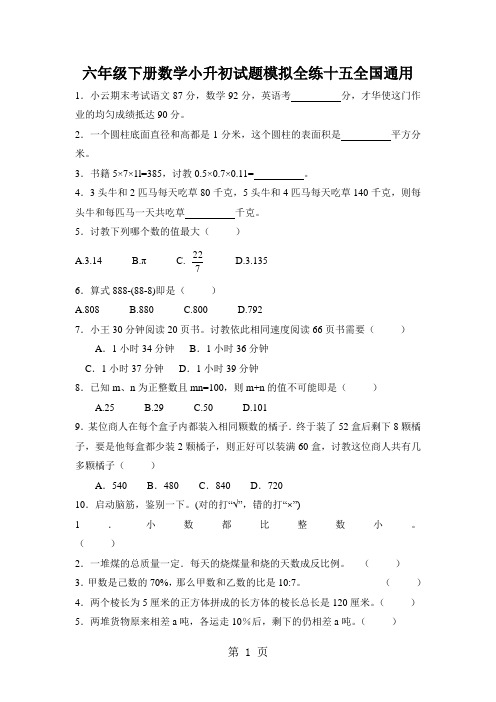 六年级下册数学小升初试题模拟全练十五全国通用