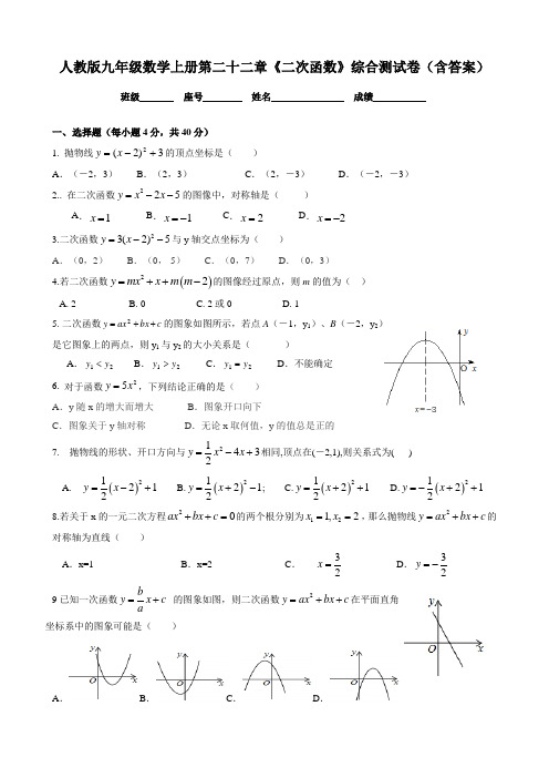 人教版九年级数学上册第二十二章《二次函数》综合测试卷(含答案)