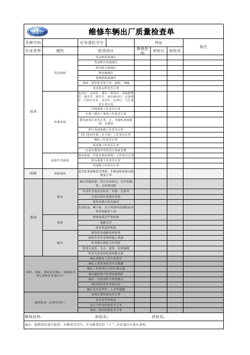 维修车辆出厂质量检查单