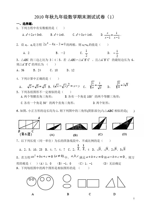 2010年秋九年级数学期末测试试卷(1)