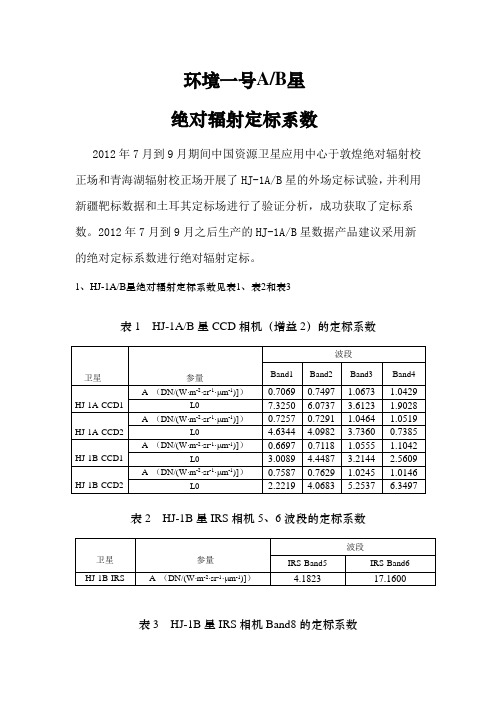 2012年HJ-1AB星绝对辐射定标系数