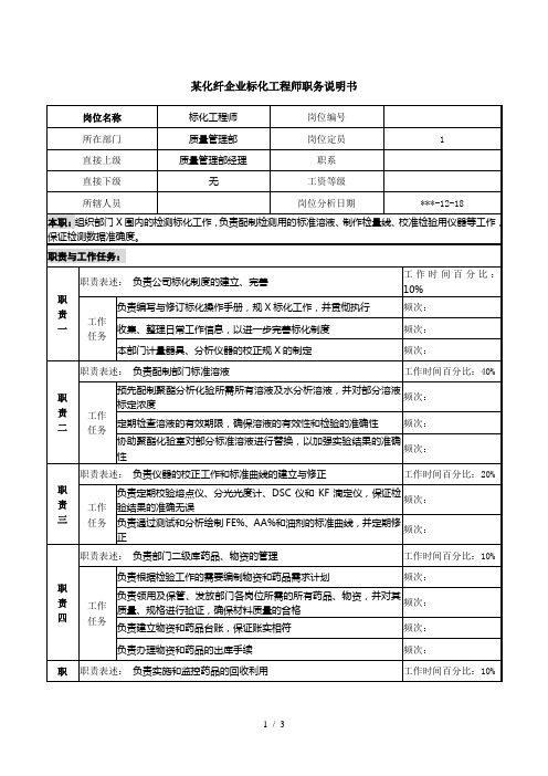 某化纤企业标化工程师职务说明书