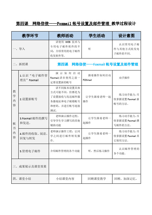 第四课  网络信使——Foxmail帐号设置及邮件管理教学设计过程