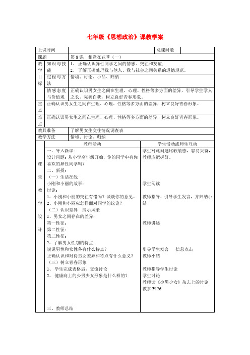 七年级政治第8课相逢在花季教案(一)苏教版