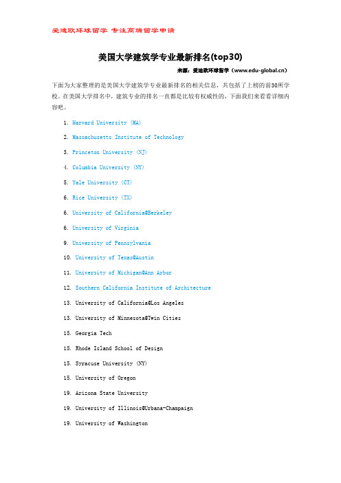 美国大学建筑学专业最新排名