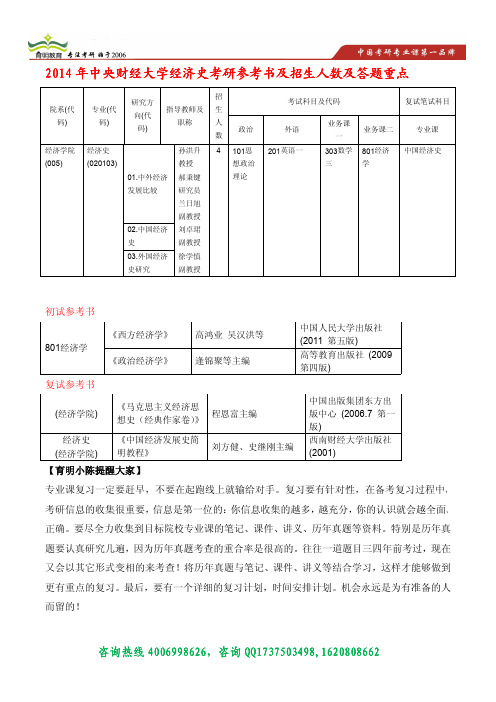 育明考研2014年中央财经大学经济史考研参考书,招生人数,考研重点知识点