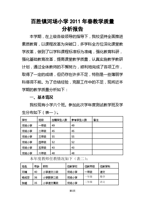 河场小学2011年春教学质量分析报告