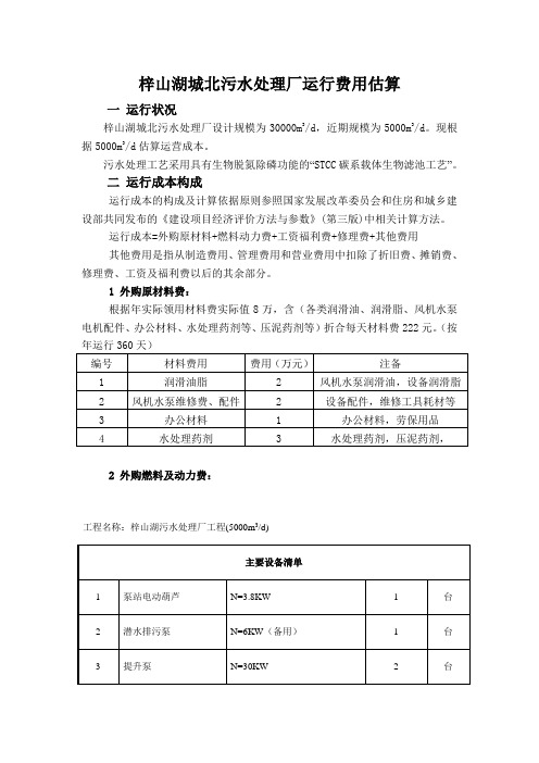 梓山湖城北污水处理运营成本估算