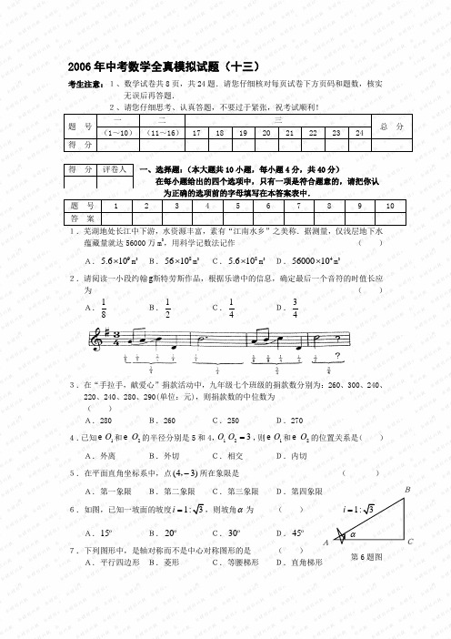 2006年中考数学全真模拟试题(十三)